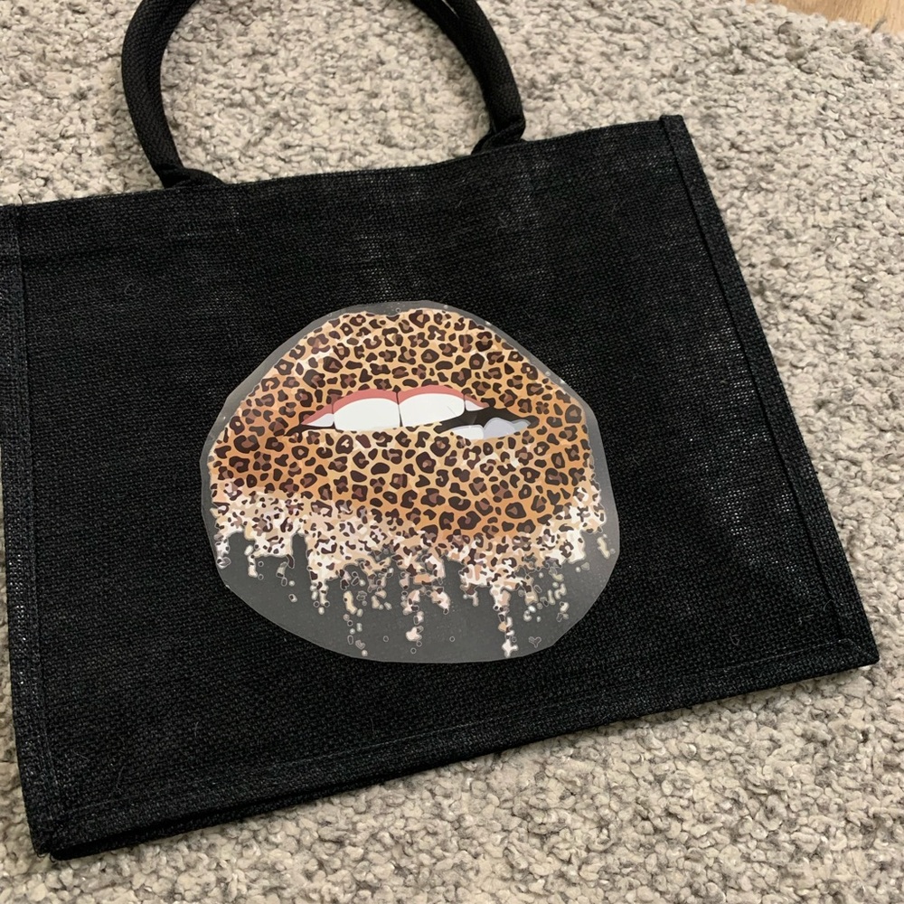 Black jute tote animal print lips
